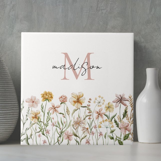 Monogrammed Watercolor Wildflower Meadow Floral Ceramic Tile (In situ)