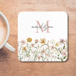 Monogrammed Watercolor Wildflower Meadow Floral Coaster