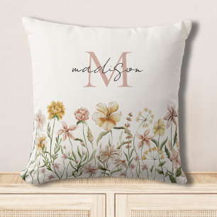 Monogrammed Watercolor Wildflower Meadow Floral Cushion