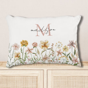 Monogrammed Watercolor Wildflower Meadow Floral Decorative Cushion