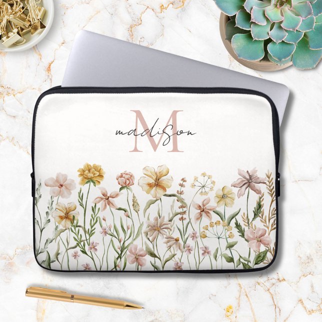 Monogrammed Watercolor Wildflower Meadow Floral Laptop Sleeve (In situ)