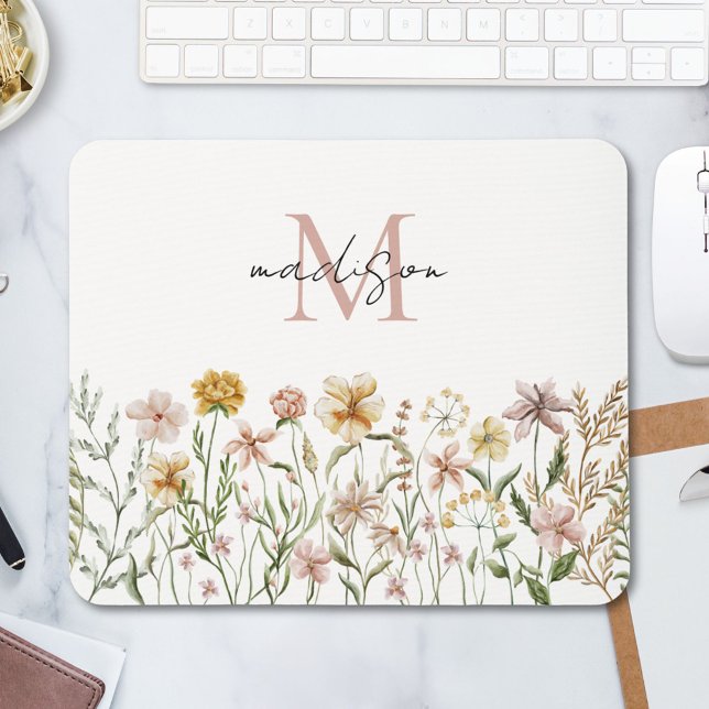 Monogrammed Watercolor Wildflower Meadow Floral Mouse Pad (In situ)