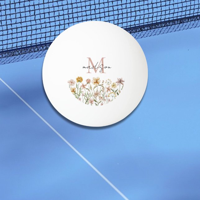 Monogrammed Watercolor Wildflower Meadow Floral Ping Pong Ball (In situ)