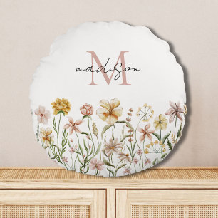 Monogrammed Watercolor Wildflower Meadow Floral Round Cushion