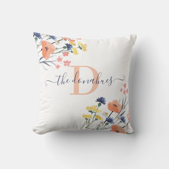 Monogrammed Watercolor Wildflower Pillow (Front)