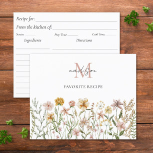 Monogrammed Watercolor Wildflower Recipe Card