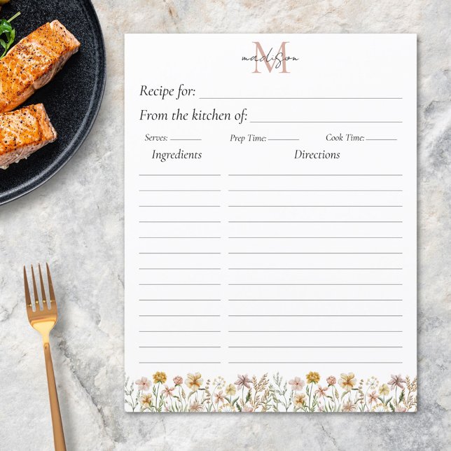 Monogrammed Watercolor Wildflower Recipe Insert (In situ)