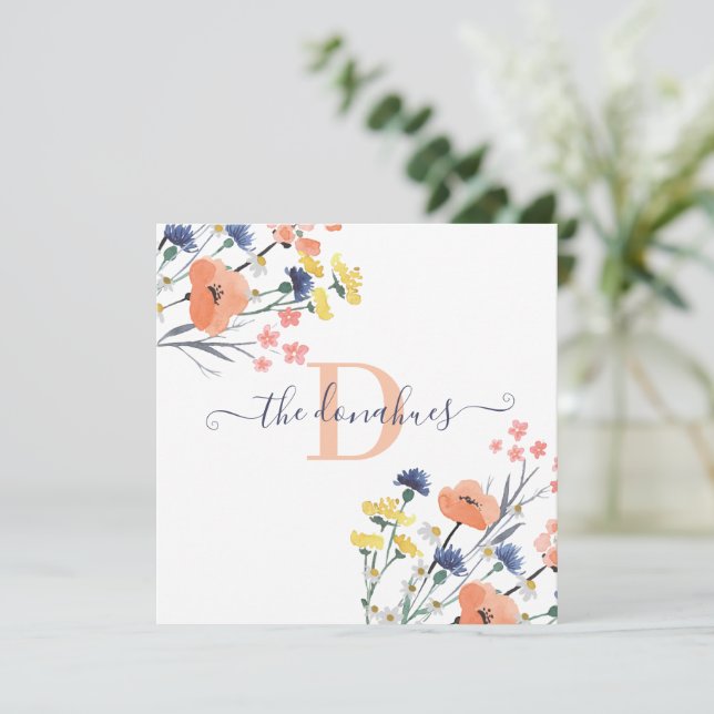 Monogrammed Watercolor Wildflower Square Card (Standing Front)