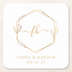 Monogrammed Wedding Elegant Minimal White Gold Square Paper Coaster