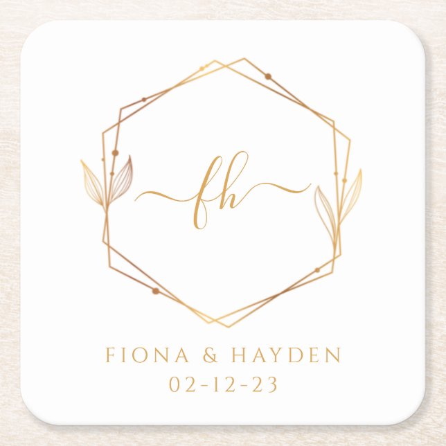 Monogrammed Wedding Elegant Minimal White Gold  Square Paper Coaster (Front)