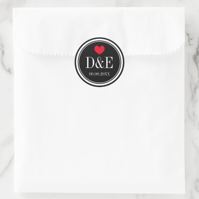 Monogrammed wedding favour stickers with red heart (Bag)
