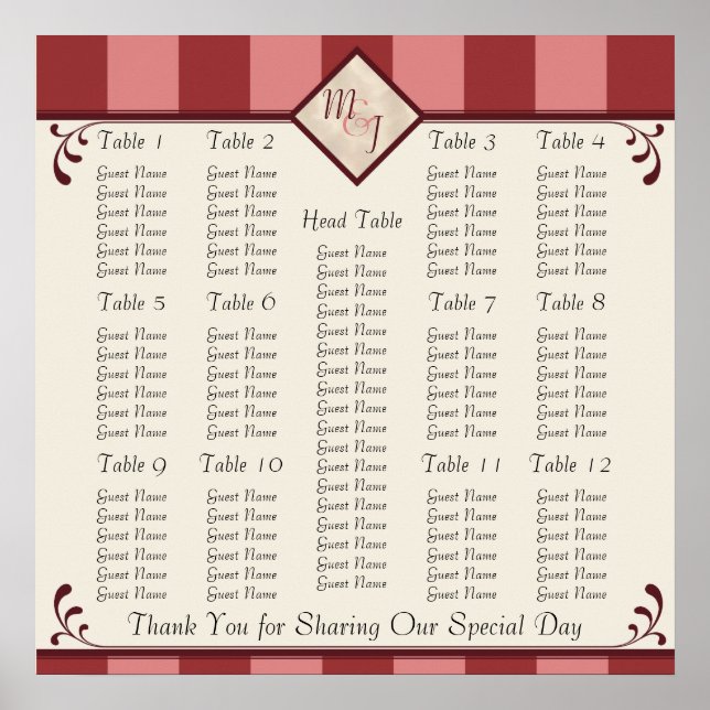 Monogrammed Wedding Reception Seating Chart (Front)