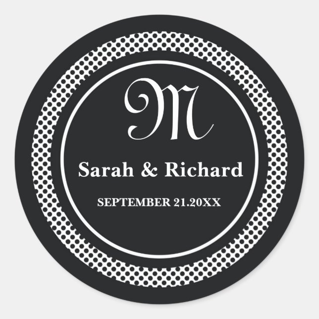 Monogrammed Wedding Stickers:Black Polka Dots Classic Round Sticker (Front)