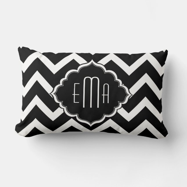 Monogrammed White And Black Zigzag Chevron Lumbar Cushion (Front)