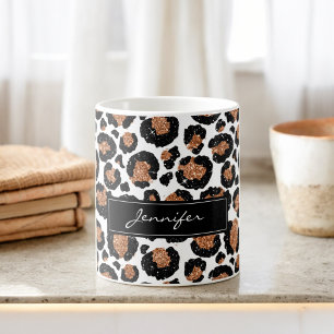Monogrammed White and Gold Foil Cheetah Pattern Coffee Mug