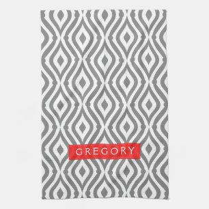 Monogrammed White And Grey Geometric Pattern Tea Towel