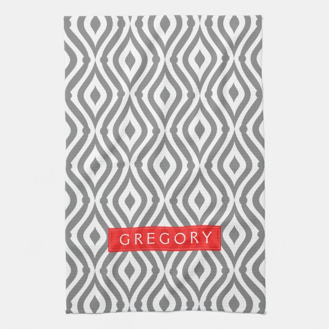Monogrammed White And Grey Geometric Pattern Tea Towel (Vertical)