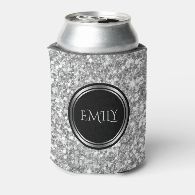 Monogrammed White And Grey Glitter Can Cooler (Can Back)