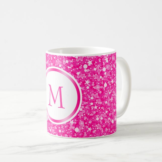 Monogrammed White And Pink Glitter Coffee Mug (Front Right)