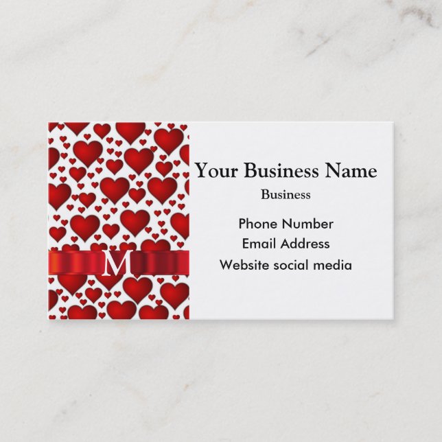 Monogrammed white and red heart pattern business card (Front)