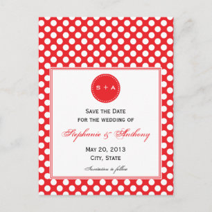 Monogrammed White and Red Polka Dot Save the Date Announcement Postcard