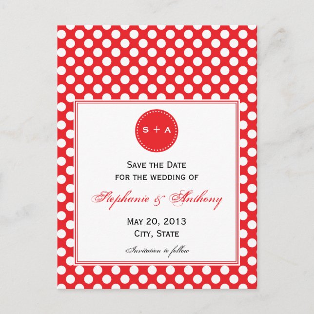 Monogrammed White and Red Polka Dot Save the Date Announcement Postcard (Front)