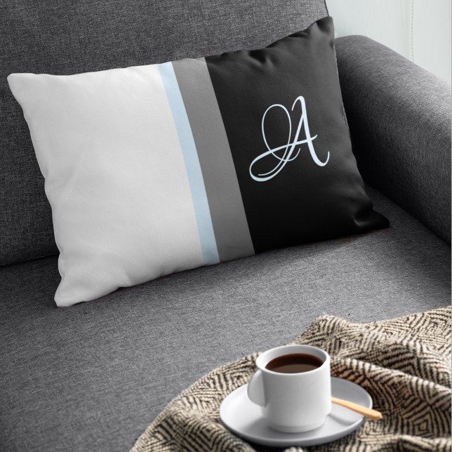 Monogrammed White, Blue, Grey, Black Striped Lumbar Cushion (Creator Uploaded)