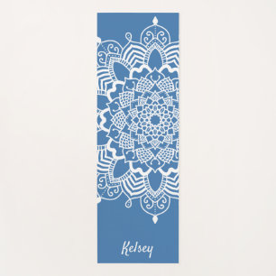 Monogrammed White & Blue Mandala Pattern Yoga Mat