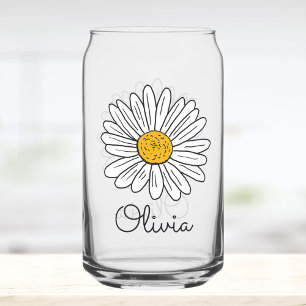 Monogrammed White Daisy Floral Doodle Kids Can Glass