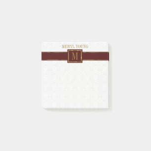 Monogrammed White Damask Brown Stripe Post-it Notes