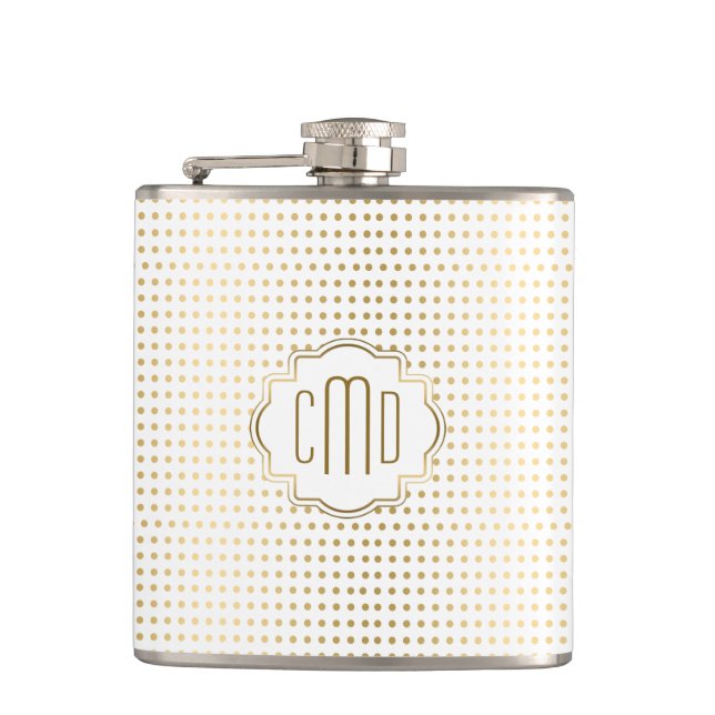 Monogrammed White & Gold Polka Dots Pattern Hip Flask (Front)
