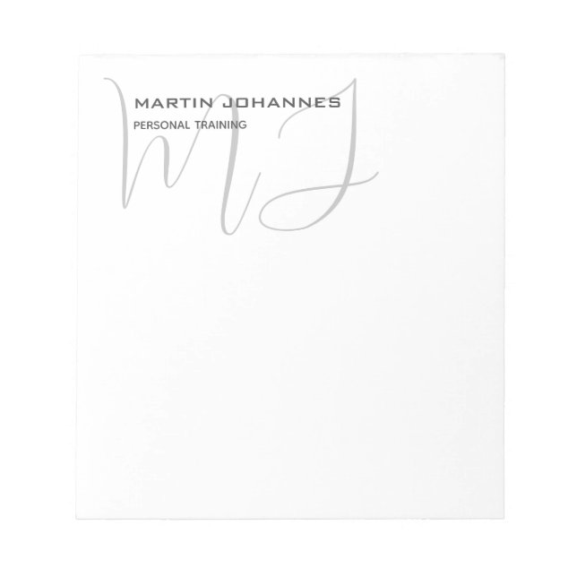 Monogrammed White Grey Personal Trainer Modern Notepad (Front)