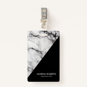 Monogrammed White Marble And Black Grain ID Badge