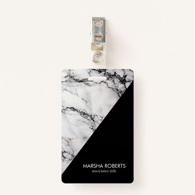 Monogrammed White Marble And Black Grain ID Badge (Front with Clip)