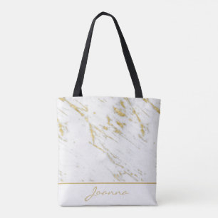 Monogrammed White Marble Gold Glitter Tote Bag