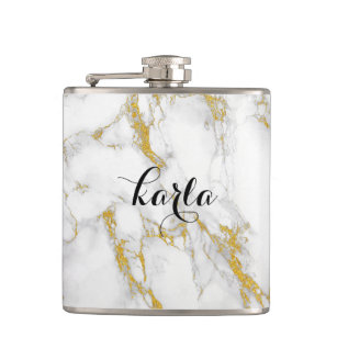 Monogrammed White Marble Stone Gold Accent Hip Flask