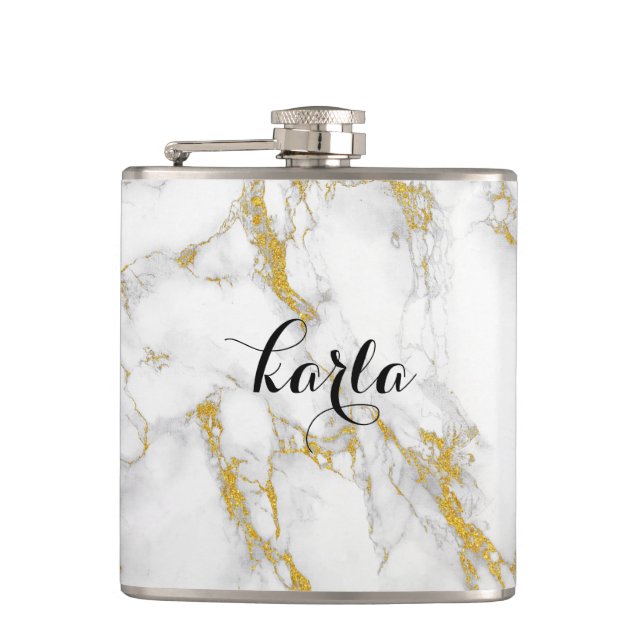 Monogrammed White Marble Stone Gold Accent Hip Flask (Front)