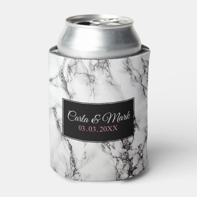 Monogrammed White Marble Texture Can Cooler (Can Front)