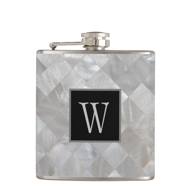 Monogrammed White Pearl Hip Flask (Front)