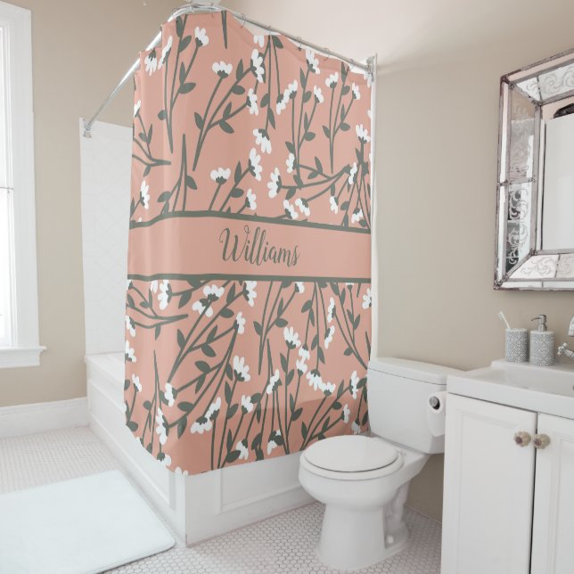 Monogrammed White Pink and Green Floral Pattern  Shower Curtain (In Situ)