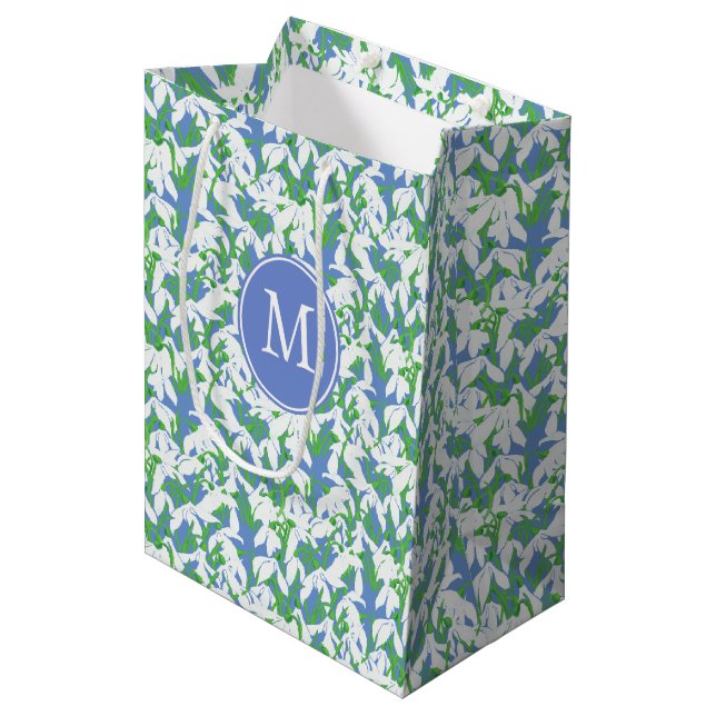 Monogrammed White Snowdrops on Soft Blue Medium Gift Bag (Front Angled)
