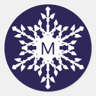 Monogrammed White Snowflake on Navy Blue Classic Round Sticker
