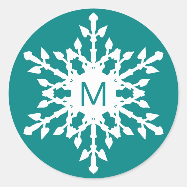 Monogrammed White Snowflake on Teal Classic Round Sticker (Front)