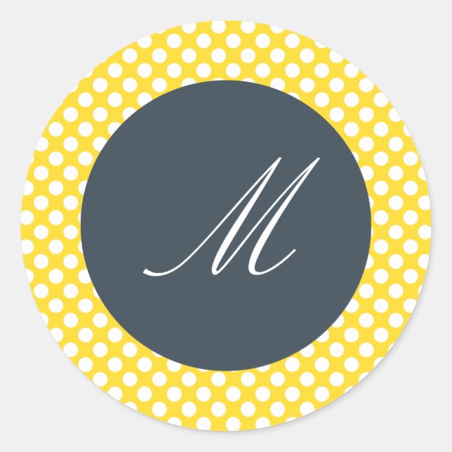 Monogrammed White,  Yellow and Charcoal Polka Dot Classic Round Sticker (Front)