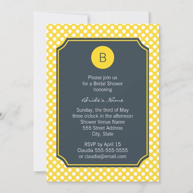 Monogrammed White, Yellow and Charcoal Polka Dot Invitation (Front)