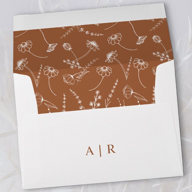 Monogrammed Wildflower Orange Wedding Invitation Envelope (Monogrammed wedding envelope in Terracotta Burnt Orange, from my Wildflower Sketch collection)