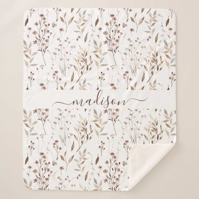 Monogrammed Winter Brown Dried Floral Botanical Sherpa Blanket (Front)