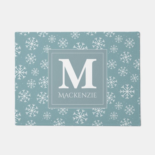 Monogrammed Winter Snowflakes Holiday Doormat (Front)