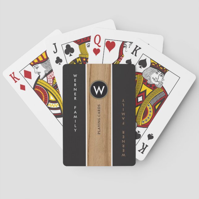 Monogrammed Wood Colour Stripe Black Playing Cards (Back)
