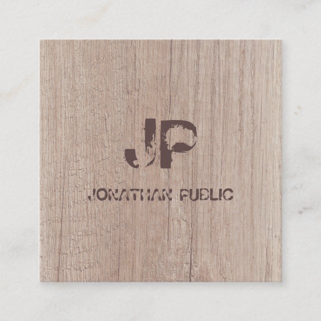 Monogrammed Wood Look Elegant Distressed Text Square Business Card (Front)